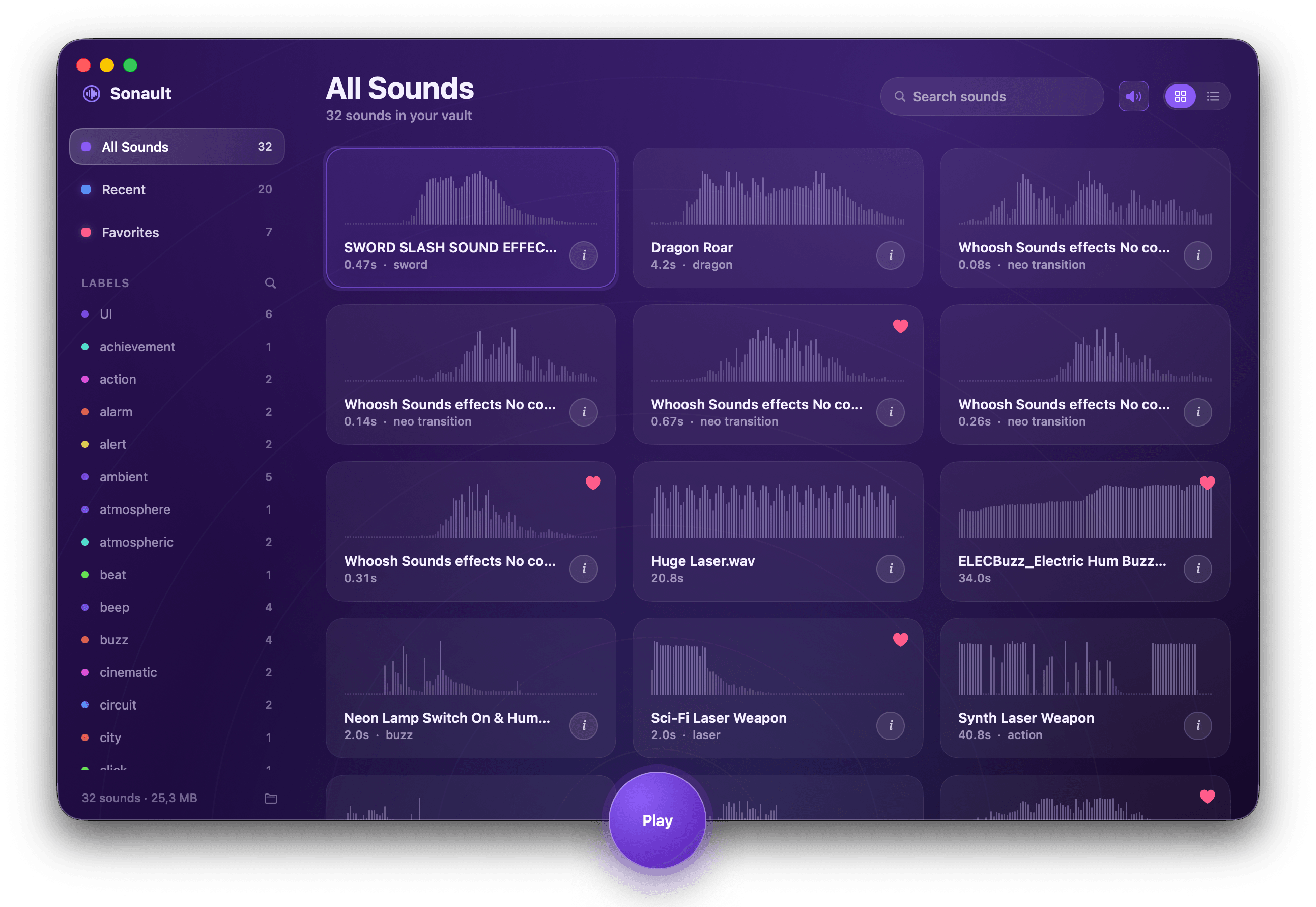 The Sonault library: waveform cards for every sound, color-coded labels, favorites, and instant search, ready to drag into DaVinci Resolve, Premiere, or Final Cut